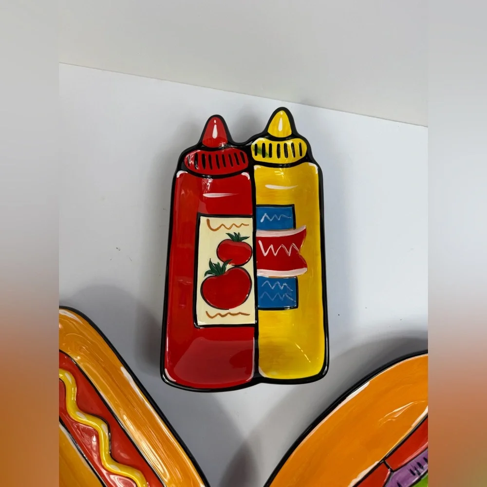 2007 Clay Art Grill Time Ceramic Hand Painted Colorful Hot Dog Condiment Plates